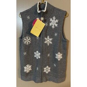 Quacker Factory Gray White Snowflake Sweater Vest Zip Beaded Holiday Knit Sz M